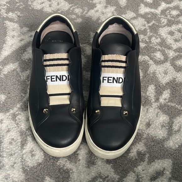 Fendi Black Logo Knit and Leather Rockoclick Slip On Sneakers